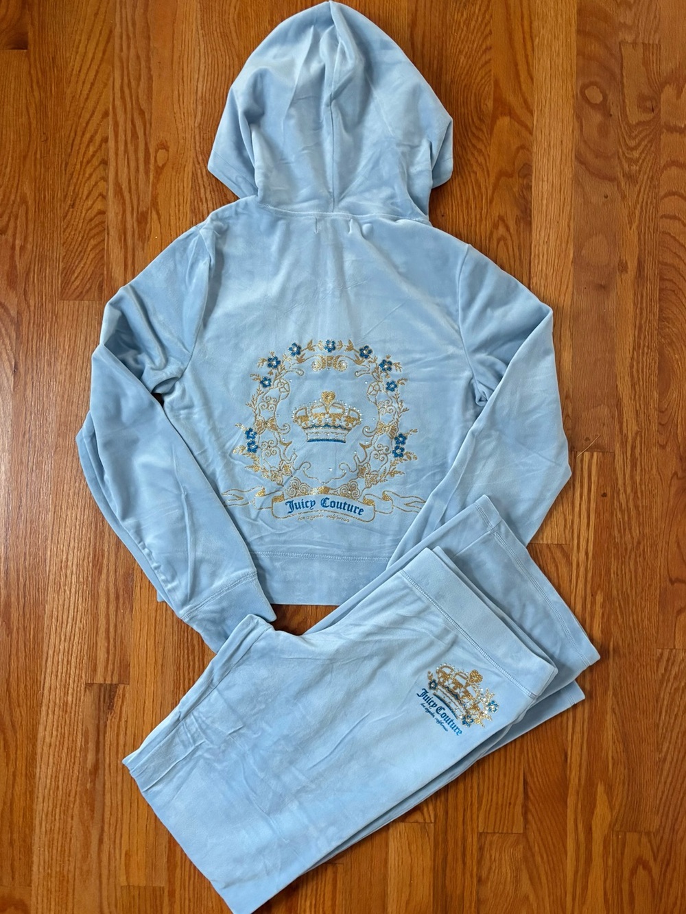 Juicy Couture Velour Rhinestone Floral Light Blue Tracksuit Set Hoodie & Pants